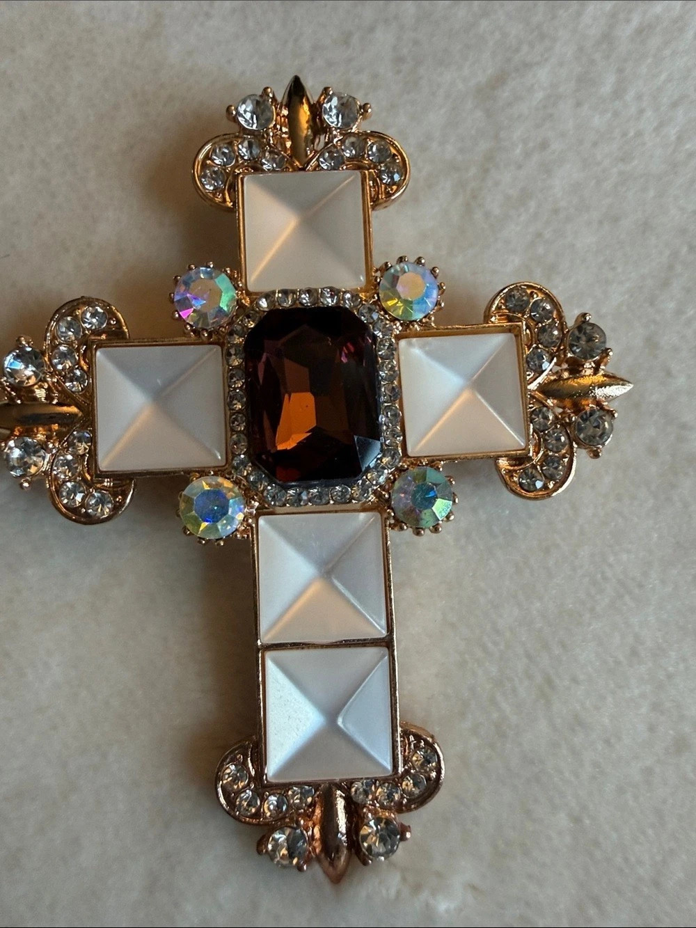 Jeweled Cross Brooch in Gold & icy White Like New